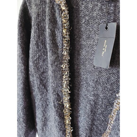 Rag & Bone Wool Davies Sweater L Gray Metallic Trim Crewneck Cardigan NWT - Picture 6 of 7
